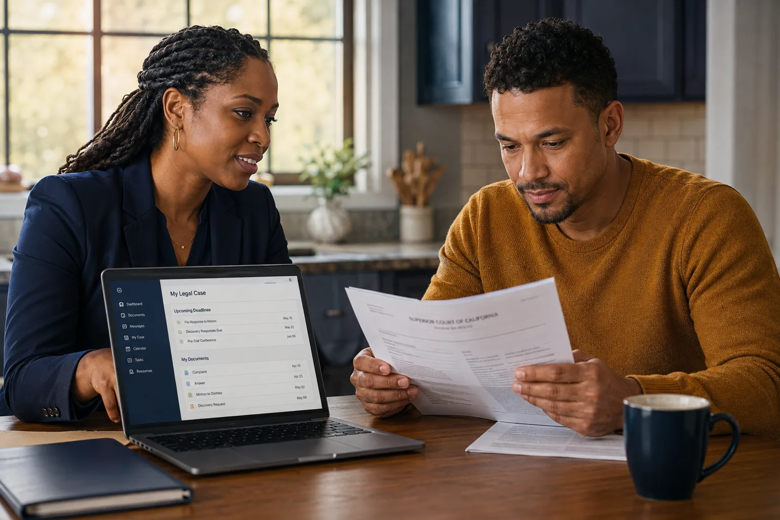 A legal advocate and a client sitting side by side at a kitchen table, reviewing printed court papers together with a case dashboard open on a laptop