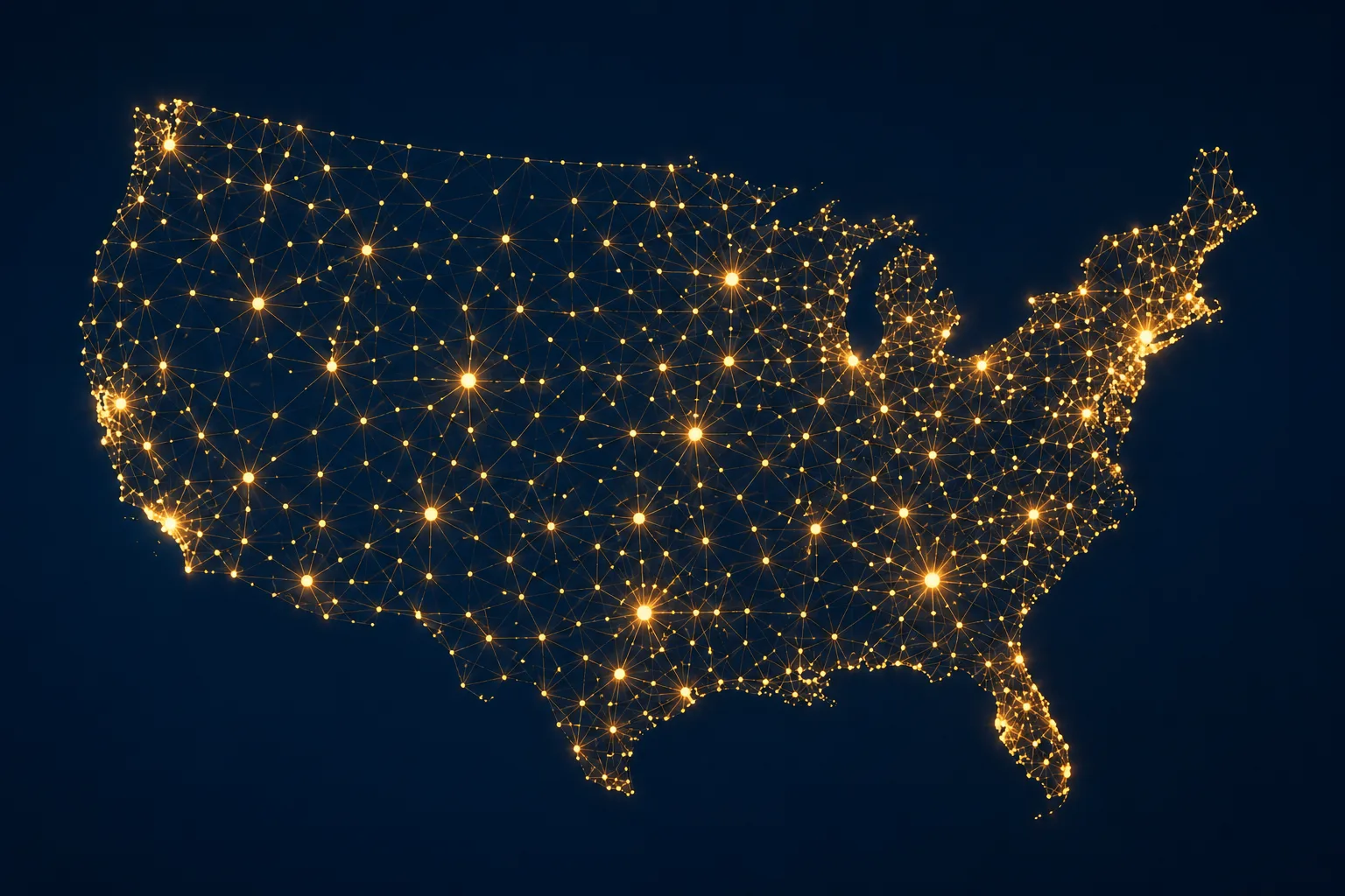 Map of the United States drawn as a network of glowing gold dots connected by fine gold lines, representing the nationwide ProPera Legal advocate network