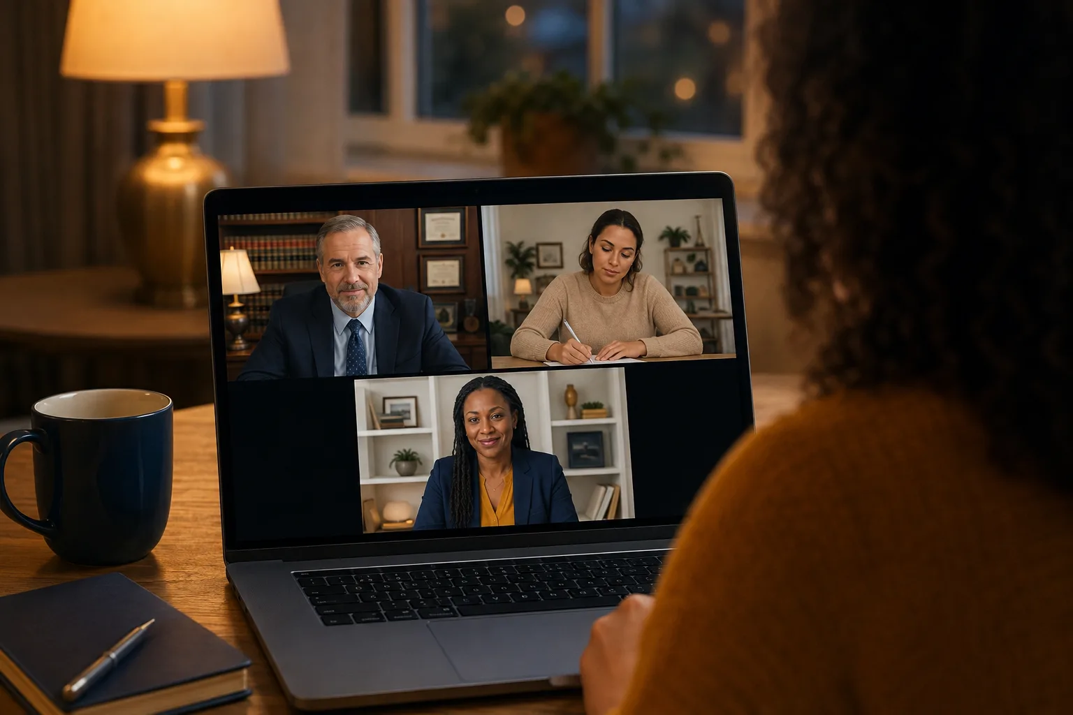 Over the shoulder view of a client on a laptop video call with their attorney and their advocate, taking notes at a warmly lit home desk