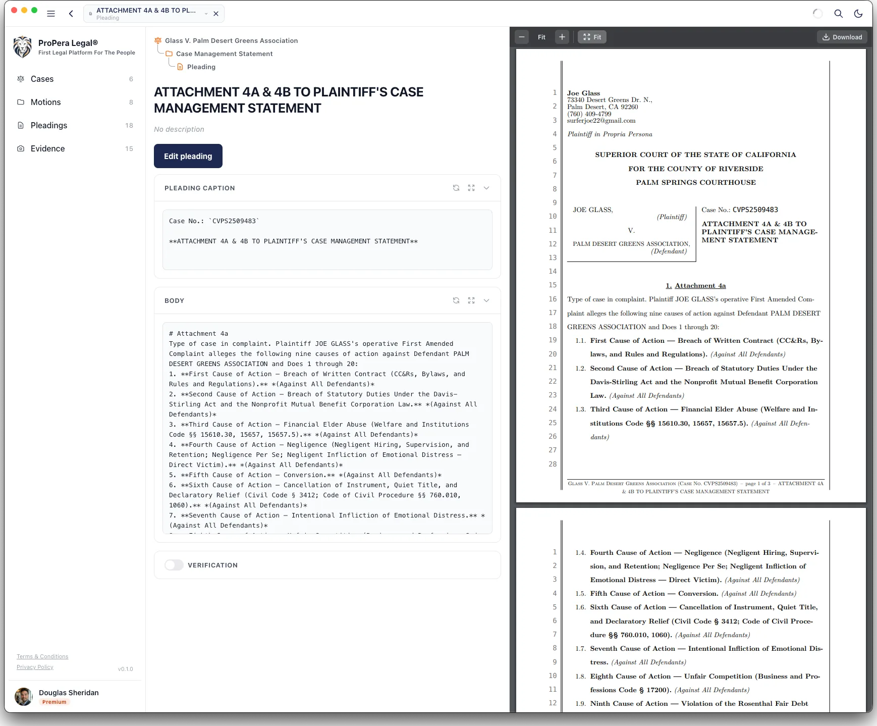 The pleading editor, plain text on the left and the formatted court document on the right