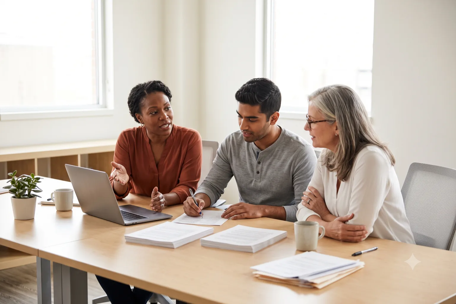 Three ProPera Legal team members working through a case together at a bright office table, one gesturing as she explains something beside an open laptop, one writing on a printed document, one listening, with stacks of papers and mugs on the table