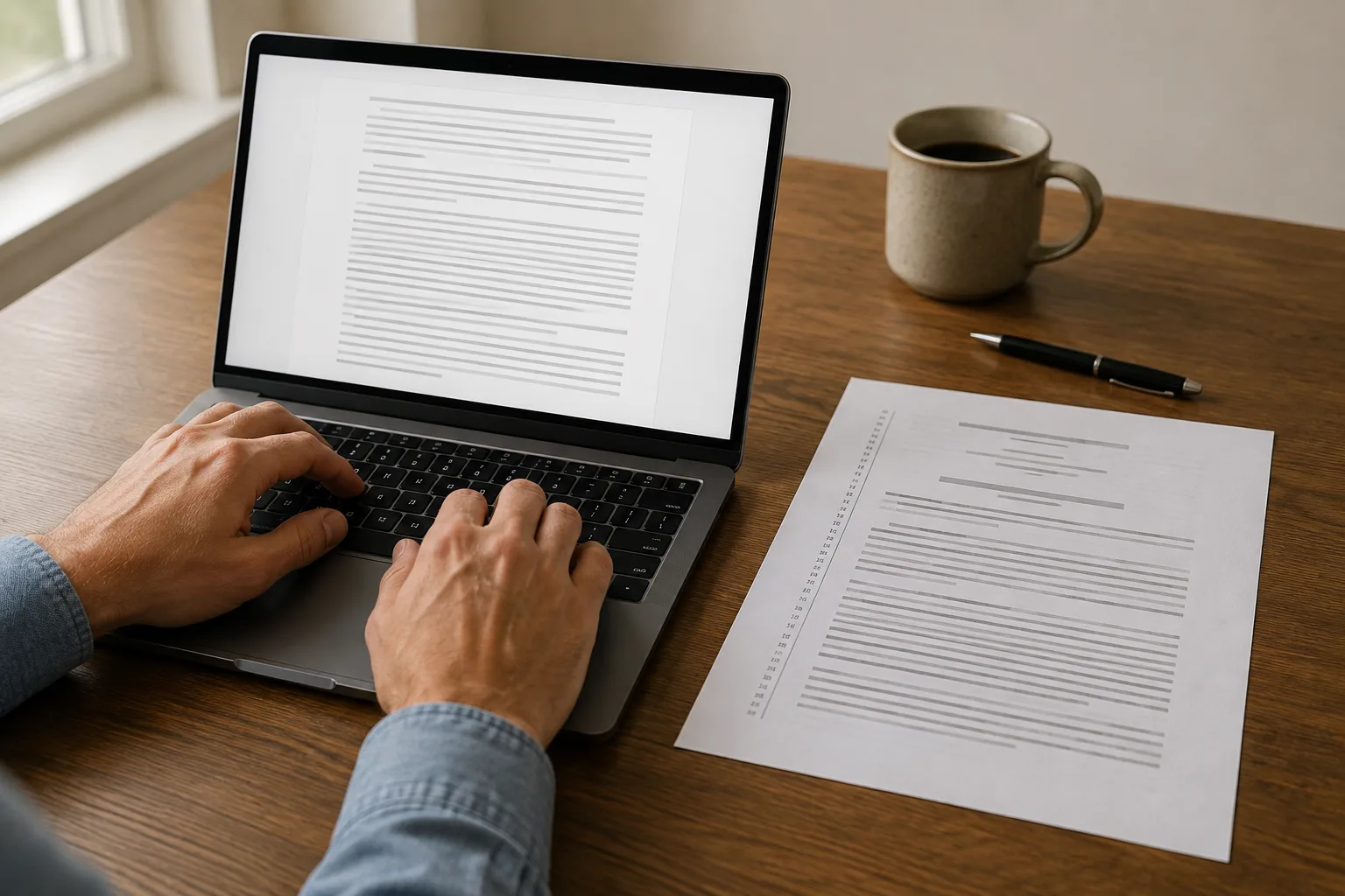 Hands typing on a laptop showing a plain, unformatted text document, beside the finished court pleading it produced lying printed on the desk with a column of line numbers down its left margin