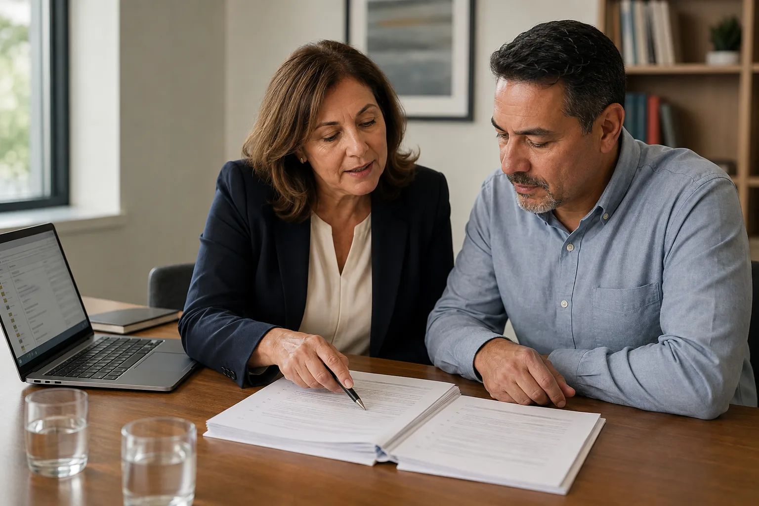 A legal advocate in a dark blazer sitting beside a client at a meeting-room table, pointing with a pen to a line on a thick printed filing open between them while he follows along, a laptop showing a case file to one side
