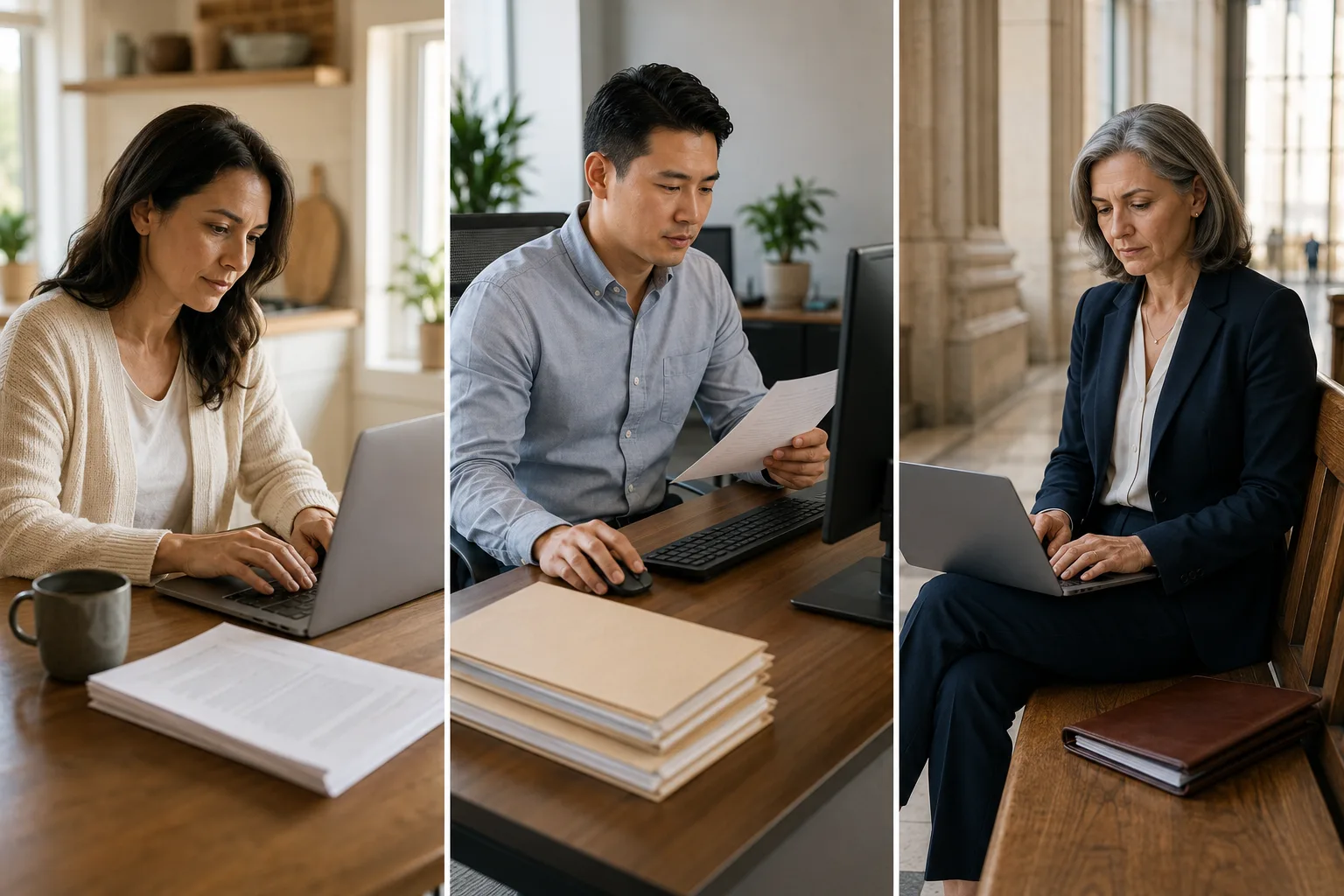 A triptych of three people drafting the same way: a woman typing on a laptop at her sunlit home kitchen table beside a mug and a printed stack, a paralegal at an office desk reading a page in one hand with folders squared up in front of him, and an attorney in a navy suit working on a laptop on her knees on a bench in a courthouse corridor